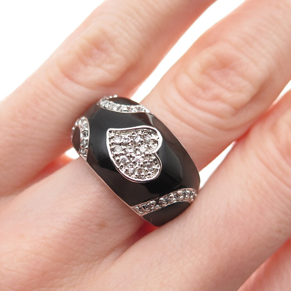 925 Sterling Silver Black Enamel Round-Cut C Z Heart Ring Size 6